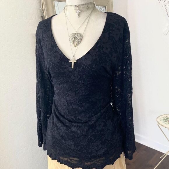 Early 2000's Black Goth Whimsygoth Lace Sheer 3/4 Sleeve Blouse Top 1X Plus Size - Picture 3 of 8